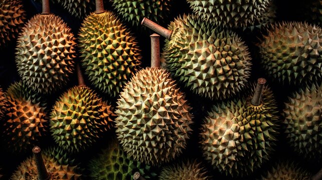 Realistic photo of a bunch of durians. top view fruit scenery