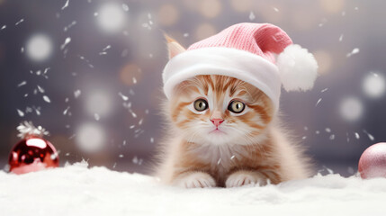 Red striped kitten in a New Year's hat on the snow.