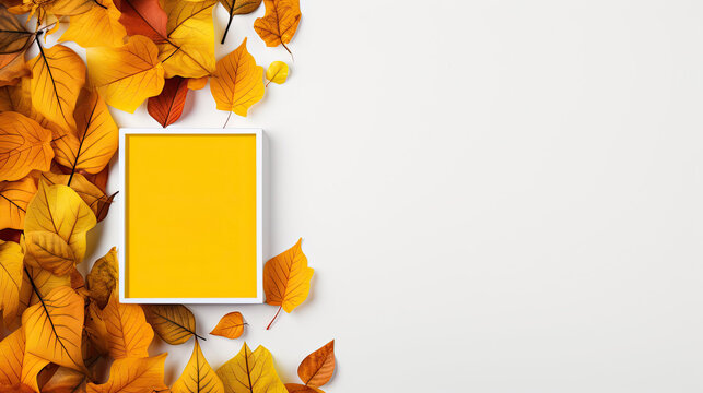 Empty yellow frame on a white background with autumn leaves. Empty space for product placement or promotional text.