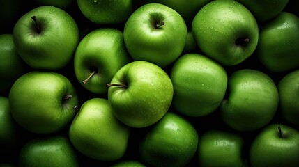 Realistic photo of a bunch of green apples. top view fruit scenery