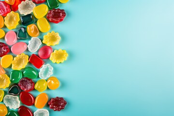 Fototapeta na wymiar Multicolored jelly candies and lollipops on a blue background. Banner mockup with empty space for product placement or advertising text.