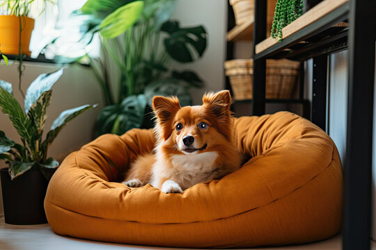 Cute red corgi dog on an orange pet bed. Pet shop banner mockup with space for product placement or promotional text.
