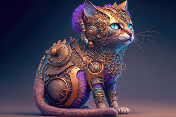 A vivid and surreal digital representation of an intricately designed mechanical cat with hard edges and vibrant eyes, evoking a gothic aesthetic.