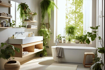 modern bathroom with mirror and windows and plants 