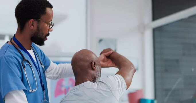 Stretching, healthcare and a black man with a doctor for rehabilitation, fitness or physiotherapy support. Hospital, medical and an African nurse or physiotherapist with a patient for training body