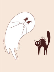 Cute flying ghost character with black cat. Halloween black kitten character. Halloween ghost character in groovy style.