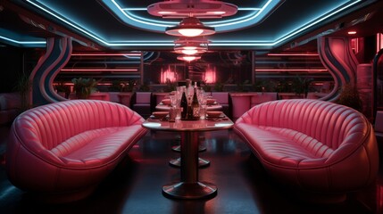 Futuristic restaurant, background, metaverse, virtual background, immersive, virtual reality, neon lighting, luxury, Retrowave style, vintage