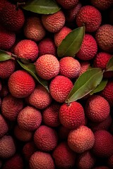 Realistic photo of a bunch of lychees. top view fruit scenery