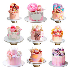 Pink cakes isolated on white background. Cakes with raspberry, edible flowers, marshmallow, lollipops, chocolate, teddy bear, fondant crown, macarons
