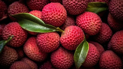 Realistic photo of a bunch of lychees. top view fruit scenery