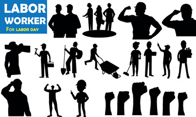 Diverse collection of labor workers in silhouette form vector illustration against a white background. Perfect for Labor Day promotions, job fair advertisements, and worker appreciation events.
