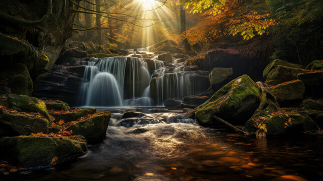 Waterfall in the autumn with ray light, Landscape