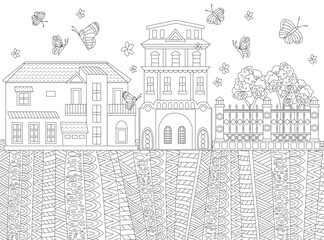 colouring page with cityscape. Cute houses, fence, trees, ornate