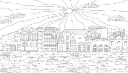 colouring book page for adult and children with sunny cityscape.