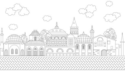 colouring book page for adult and children with cloudy cityscape - 639290529
