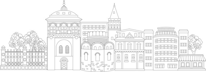 outlined panorama of cityscape with  old houses, towers, ornate