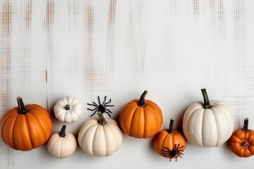 Halloween . top view spiderweb pumpkin wooden background
