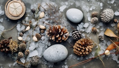 flat lay winter icy oak, leaf, berry,