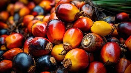 Realistic photo of a bunch of oil palm fruit. top view fruit scenery - obrazy, fototapety, plakaty