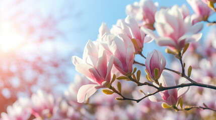 Blooming magnolia tree in the spring sun rays. Selective focus. Copy space. Easter, blossom spring, sunny woman day concept. Pink purple magnolia flowers in blue summer sky - obrazy, fototapety, plakaty