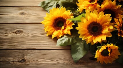 Wooden background with sunflowers. Wood texture floral farmhouse decoration