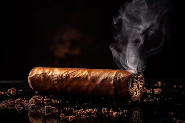 burning brown cigar with smoke on black background with copy space