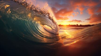 Rough colored ocean wave falling down at sunset time