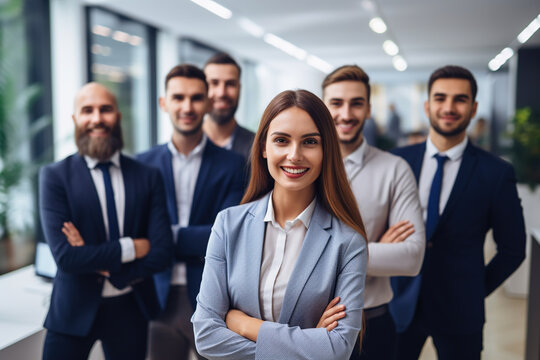 Business team standing in an office blurred background image of a group of corporate employees in the office lobby, young positive diverse coworkers in modern office