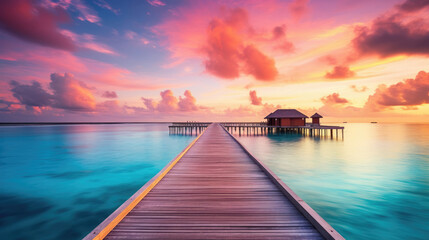 Fototapeta premium Sunset on Maldives island, luxury water villas resort and wooden pier. Beautiful sky and clouds and beach background for summer vacation holiday and travel concept