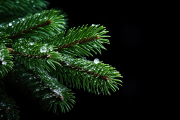 Fototapeta na wymiar Fresh green fir branch close up with snow and copy space isolated on black background
