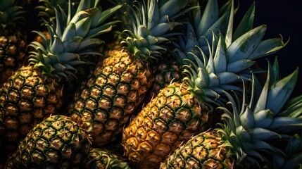 Fototapeta premium Realistic photo of a bunch of pineapples. top view fruit scenery