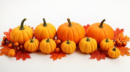 Pumpkins with fall leaves over white background.