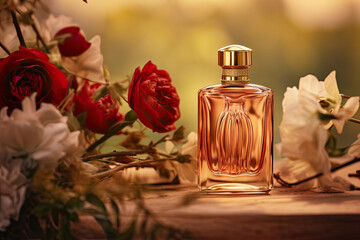 Transparent bottle of perfume and colorful flowers on nature background. Floral perfume bottle with blooming flowers. Elegant luxury fragrance presentation with daylight