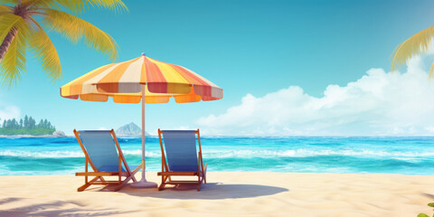 Vacation holidays background wallpaper, two beach lounge chairs under tent on beach. Beach chairs, umbrella and palms on the beach. Tropical Holiday Banner