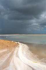 Manaure, Colombia - January 2 2023: Landscape of Manaure salt mines in La Guajira, Colombia