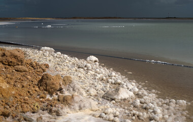 Manaure, Colombia - January 2 2023: Landscape of Manaure salt mines in La Guajira, Colombia