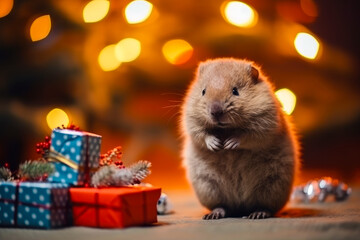 baby rodent beaver with christmas gift box on blurred christmas tree lights background - obrazy, fototapety, plakaty