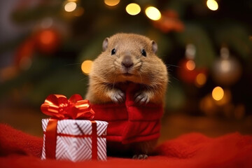 baby rodent beaver with christmas gift box on blurred christmas tree lights background