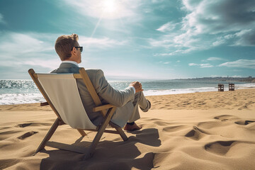 Businessman in suit sitting on the sand on the beach looking at the sea. Back to work and end of summer vacation concept