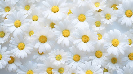 White Daisy flowers, Chamomiles background top view, spring nature, flowers background modern design