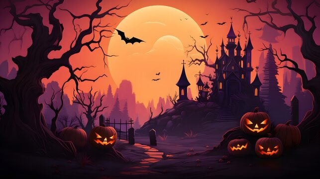 Halloween background with pumpkins and castle, 3d render illustration	