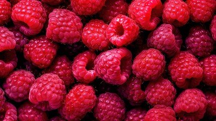 Realistic photo of a bunch of raspberries. top view fruit scenery