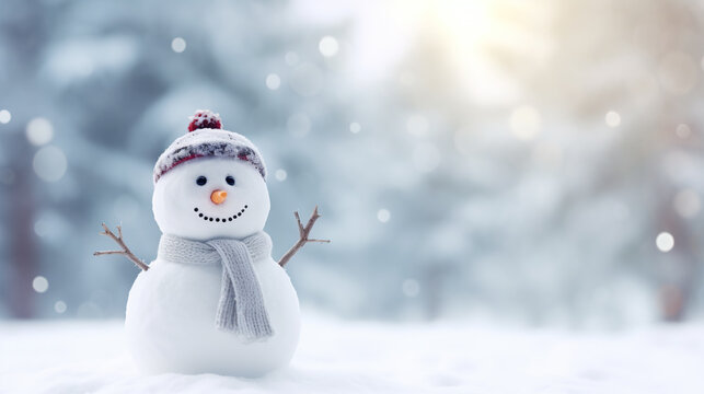 Happy snowman in winter scenery with copy space, blurred bokeh snow magical white landscape background