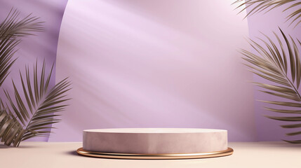 Round podium with palm leaf, Abstract purple background, Aesthetic summer dais and shadows on the wall, 3D Modern design for product showcase, studio lighting, AI generated.