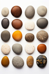 Collection of different rocks arranged in grid pattern on white surface.