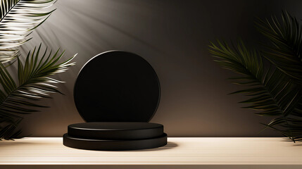 Round black podium and palm leaf, Abstract minimal geometric background, Aesthetic summer dais and shadows on the wall, 3D Modern design for product showcase, studio lighting, AI generated.
