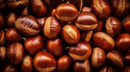 Obraz premium Realistic photo of a bunch of chestnuts. top view nuts scenery