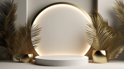 Round white podium and palm leaf, Abstract minimal geometric background, Aesthetic summer dais and shadows on the wall, 3D Modern design for product showcase, studio lighting, AI generated.
