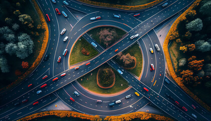View of highway, traffic in roundabouts is part of everyday life, traffic light trails on the road, Ai generated image 