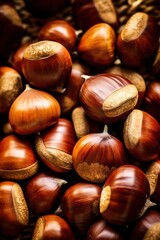 Obraz premium Realistic photo of a bunch of chestnuts. top view nuts scenery